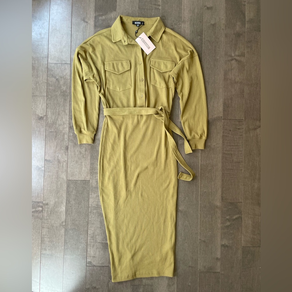 Missguided belted midi shirt dress, light green, size 8
